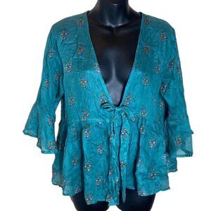 Natural life cardigan green semi sheer lightweight floral front tie brat fairy